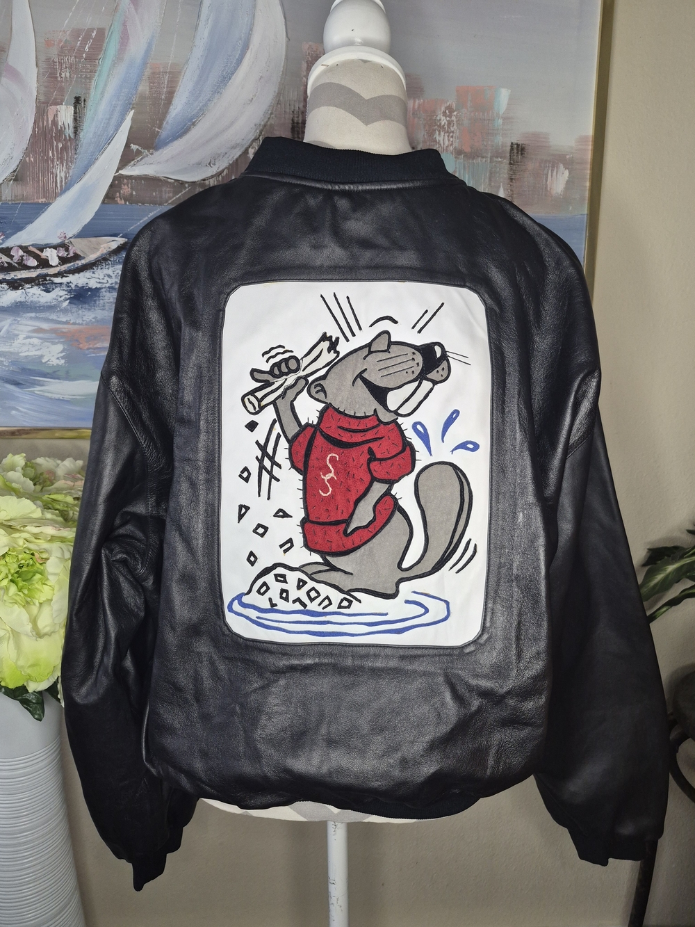 Vintage Embroidered Classic Black Leather Bomber Jacket - Women's